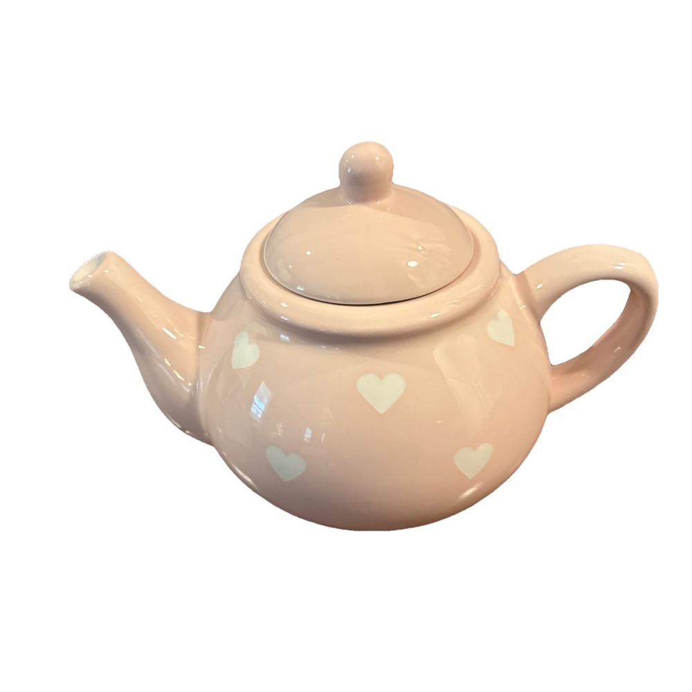 TERRAMOTO CERAMIC PALE PINK,WHITE POLKA DOT HEARTS LARGE TEAPOT,TEA COFFEE POT